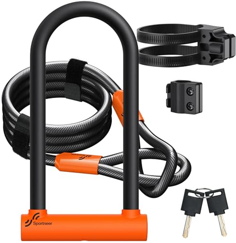Sportneer Lucchetto a U per bicicletta, 18 mm, resistente, con cavo in acciaio ad alta sicurezza da 1,8 m, staffa di montaggio regolabile e serratura antifurto per biciclette, e-bike, moto, scooter