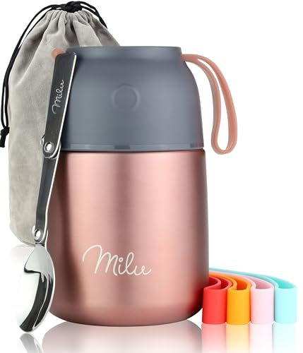 Milu Boîtes Alimentaires Isothermes 450 ml Boîte Isotherme Repas Chaud Porte-Aliments en Acier Inoxydable à Double Couche, Cuillère Pliante pour Ecole, Bureau (450ml/Or rose)