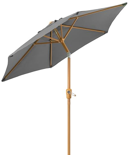CHRISTOW 2m Tilting Garden Parasol with Crank Handle, 38mm Steel Pole, Wood Effect Finish, Outdoor Sunshade Umbrella, Heavy Duty Polyester, UV30+ Sun Protection, Water Resistant, Air Vent (Grey)