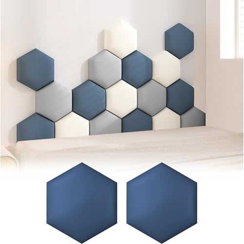 Wzmazingly 2 Stück Wandpaneele Polsterpaneel, Antikollisions Wandkissen Hexagon, Selbstklebend Bett Kopfteil Wandpolsterung Für Schlafzimmer Wohnzimmer(Dark Blue,30x34.5cm)