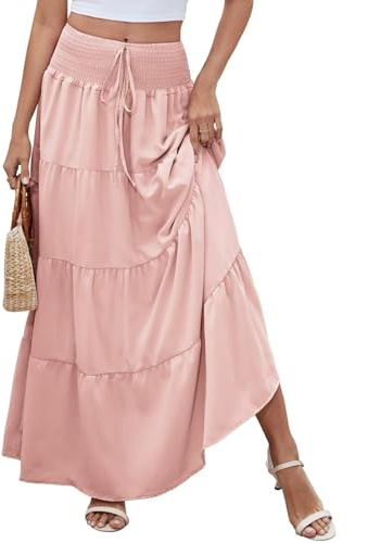 Kfnire Lång kjol för kvinnor semester elegant kjol med utdragbar midja 2-i-1 kjolar för kvinnor är lämpliga för avslappnade strandscener, flera storlekar, rosa, L