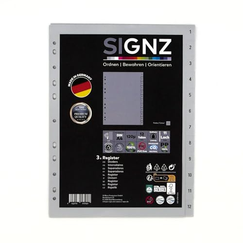 SIGNZ Register DIN A4, 12 - teilig (1-12), 3 Stück, extra starke Trennblätter aus Kunststoff (PP), CO2-neutral hergestellt, made in Germany