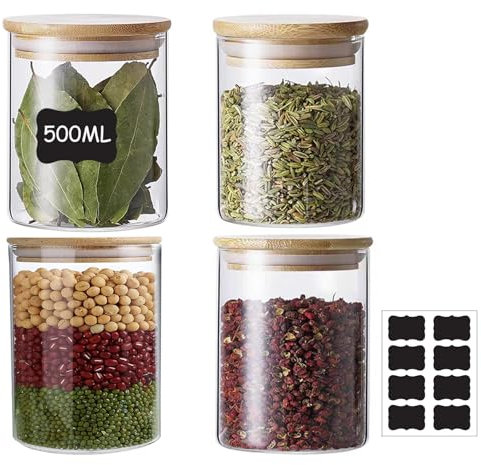 WLHFDC Lot de 4 bocaux de conservation en verre avec couvercle hermétique, 450 ml, avec couvercle en bambou, Overnight Oats, pots à épices pour grains de café, grains, noix, thé, herbes