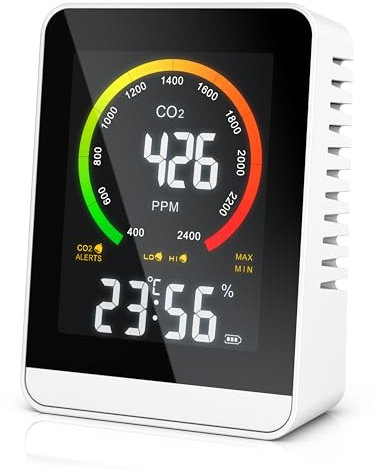 Brandson - CO2 Melder Messgerät mit Akku - Luftqualitätsprüfer - Kohlenstoffdioxid Sensor Messung PPM - Co2 Anzeige - Raumluft Lüftungsampfehlung - Temperatur Uhrzeit Luftfeuchtigkeit
