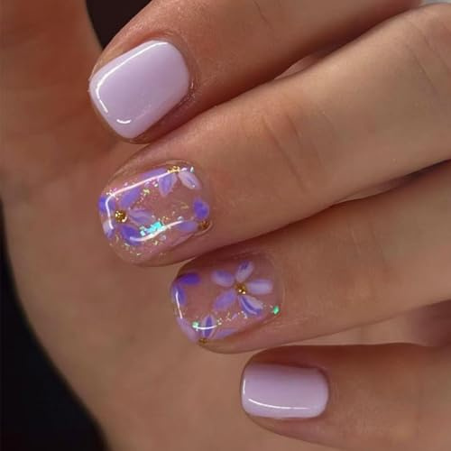 Auiremrti 24 pièces d'ongles à presser violets, courts, carrés avec design floral violet, autocollants floraux pour les ongles, ongles scintillants printaniers