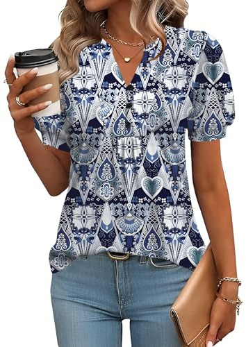 Rapbin Blus, dam, V-ringning, knappslå t-shirt, tunika, kortärmad topp, sommartoppar, elegant, avslappnad, Geometritryck, L