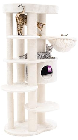 Petrebels Design Kratzbaum für große Katzen, Isabella 170 cm, Creme | extrem stabil, Ø 9 und Ø 12 cm dicke Stämme, XXL Katzenbaum ideal für Maine Coon, mit Hängematte, Schlafhöhle & Loungesofa
