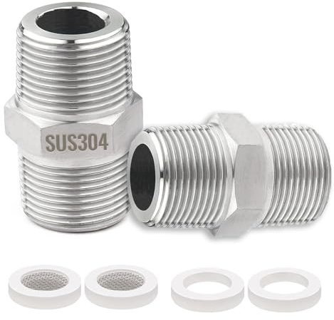 Transmore 2 Stück 1/2 Duschschlauch Adapter Edelstahl, Doppelnippel Verbinder Verlängerung, Gewindefitting Anschluss mit Bubbler Spüle Belüfter Filtereinsatz & Dichtungen