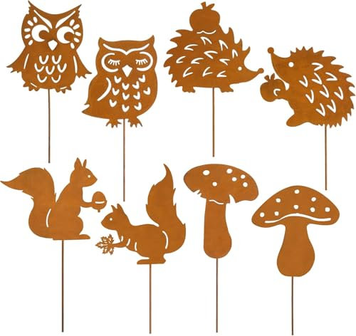 Lot de 8 piquets de jardin aspect rouille pour décoration d'automne en extérieur, 25 cm, décoration de jardin avec hibou, hérisson, champignons et écureuils, en métal des deux côtés, pour l'extérieur