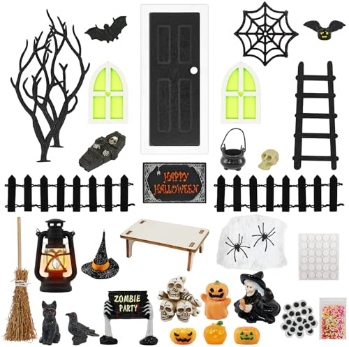 35 Stück GNOME Accessories Halloween Wichtel Zubehör Halloween Dollhouse Decoration Miniatur GNOME Door Set Skelette Spinnen Fledermäuse Kürbis-Elfe Geist Witch Halloween Party Dekoration