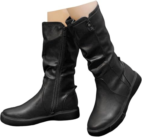 Xbemkste Botas para mujer de media caña planas con cremallera, punta redonda, con ondas, botas vaqueras de cuero, botas de media altura, térmicas, forradas, botas de invierno cómodas para mujer, Negro