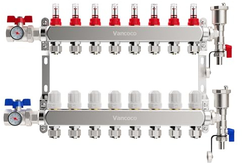 VANCOCO Heizkreisverteiler 8 Heizkreise Wasserfußbodenheizung | Verteiler mit Eurokonus 16×2 mm, 1 kompakte Kugelhähne, Durchflussmesser 5 L/min & Schnellentlüfter Set