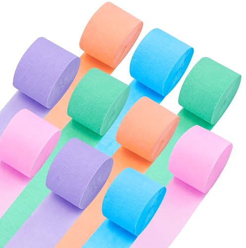 Oun Nana 10 Rolls Crepe Paper Streamers, 5 Colors Pastel Streamers Party Decorations for Birthday, Baby Shower, Wedding, Bachelorette, Rainbow Party Backdrop, Kids DIY Crafts