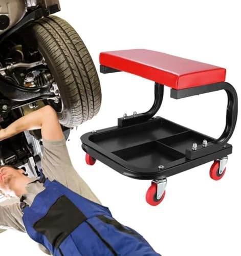 Workshop Creeper Trolley with Tool Tray – Heavy Duty Mechanics Padded Garage Stool on Casters, Rolling Work Chair for Car Repair, Auto Detailing, DIY Projects, 150kg Capacity