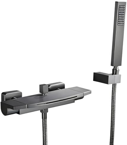 SWHC Badewannenarmatur mit Handbrause, Wasserfall Wasserhahn Badewanne Wandhalterung Wannenarmatur Messing Mischbatterie Dusche Badewanne Doppelgriffe Duscharmatur Aufputz