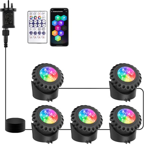 T-SUN RGB Pond Lights Mains Powered Submersible LED Underwater Fountain Spotlights with Bluetooth APP Control IP68 Waterproof for Aquariums Fish Tanks Pools Garden Yard Ponds (Set of 5)