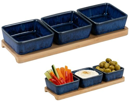 YuLiMirich 3 x dippskålset med träbräda, dippskålar för snacks, keramisk dip-skålar, set med snackskålar och dippskålar, serveringsskålar, set som såsskålar, dessertskålar (blå)