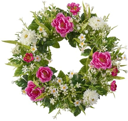 Künstlicher Blütenkranz - Hochwertiger Dekokranz für Frühling & Sommer - Realistischer Tür- & Tischkranz (Pink/Weiß/Grün, ⌀ 30 cm)