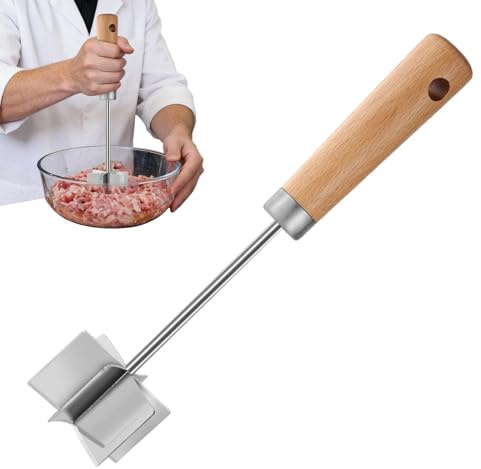 Picadora de verduras de acero inoxidable – utensilio de cocina 27x6,5 cm con mango de madera | Prensapuré de carne picada y verduras ideal para salchichas, hamburguesas, platos caseros