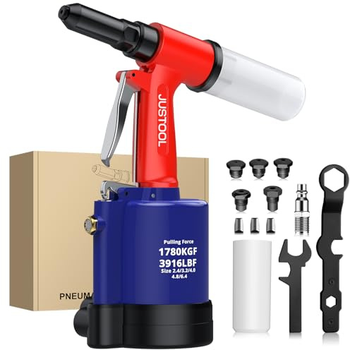 JUSTOOL Remachadora Neumática con 5 Boquillas 2.4mm,3.2mm,4.0mm,4.8mm,6.4mm,3 Mordazas,1780KGF,Pistola de Remachadora Hidraulica Autocebante para Reparación de Automóviles
