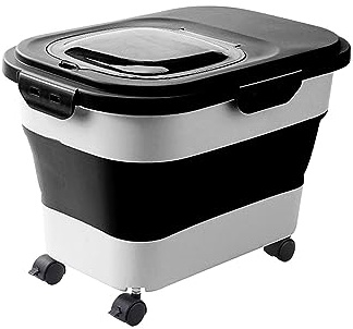 BLWOTMOR Conteneur Stockage Alimentaire Seau Céréales Réservoir Rangement Nourriture Animaux en PP Fermeture Hermétique Pliable avec roulettes Convenant à mais, Noir
