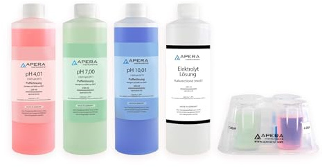 Apera Instruments pH Puffer 4.01/7.00/10.01 + 3M KCl Lösung je 250ml + CalBox