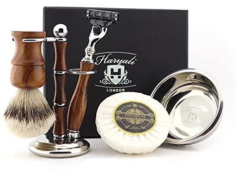 Haryali London 5-teiliges Herren-Rasierset aus Holz, 3 Klingen, Rasiermesser mit Silberspitze, Dachshaarpinsel, Ständer, Seife und Schüssel, perfektes Neujahrsgeschenk-Set für Männer