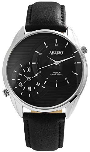 Excellanc Akzent Exclusive Herren – Uhr Lederimitat Armbanduhr 2 Zeiten Analog Quarz 2900187 (Schwarz)