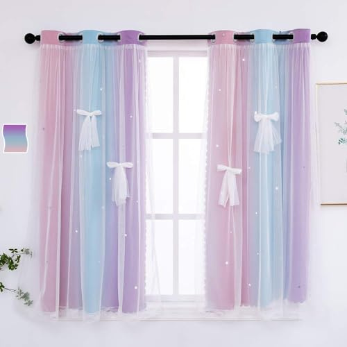 Yancorp Curtains for Girls Bedroom Kids Room Curtain Colorful Window Nursery Curtain 63 inches Length Room Darkening Grommet 2 Layers (Pink Purple, W34 X L63)