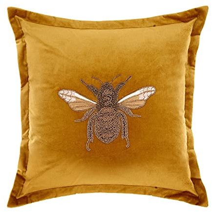 Voyage Maison Layla Feather Filled Cushion – Velvet Embroidered Bee Gold Oxford Edge Ikon Luxury Décor (Mustard - 50x50cm)
