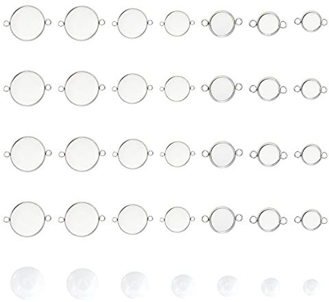 UNICRAFTALE Flat Round 7 Größen Links Making Kits Enthalten 42-Teilige Cabochon-Steckverbinder Aus Edelstahl Und 56-Teilige Transparente Glas-Cabochons Für Halskettenohrringe Und DIY-Bastelanhänger