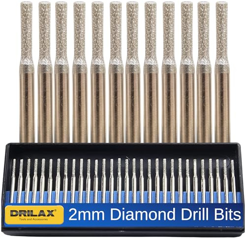 Drilax 2mm Diamond Drill Bit 30 Pcs Case Set Jewelry Beach Sea Glass Shells Gemstones Bur Standard Shank Compatible with Dremel Burr Lapidary