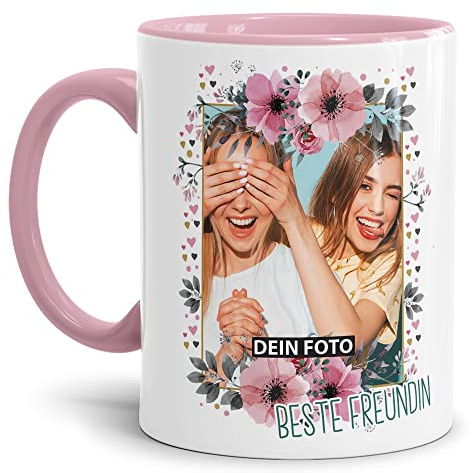 Keramik Tasse - Beste Freundin - mit Foto selbst gestalten - Geschenk für die beste Freundin, Geburtstag, Weihnachten I Personalisiert, Rosa, 300 ml
