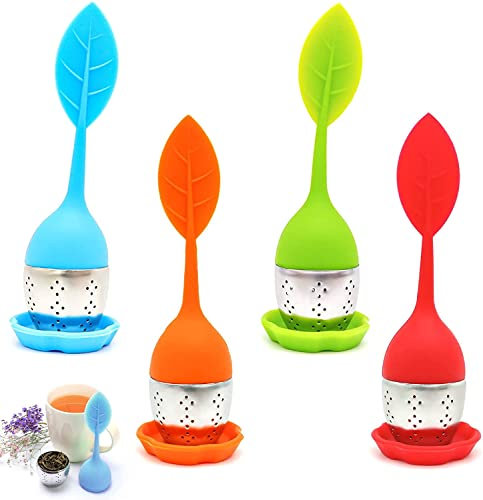 4 piezas de infusor de té de acero inoxidable y silicona – colador de té con tapa y platillo – Bola de té – Filtro de té fino para los amantes del té (color aleatorio)