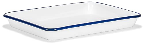 Red Co. 11 x 9 Enamelware Metal Classic 2 Quart Rectangular Serving Tray, Solid White/Navy Blue Rim