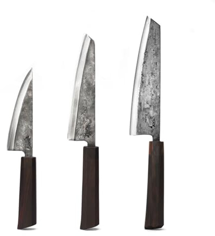 Black Chili Küchenmesser Set (3-teilig) | Chefmesser, Santoku Messer & Gemüsemesser mit Ebenholz Griff | 13, 17 & 19 cm Carbonstahl Klinge | BLACK-PEARL-19, HABANERO-17 & JALAPENO-13