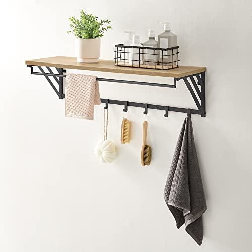 ACAZA Wandgarderobe mit Regal und 7 Haken, Kleiderhaken in Metall und Holz, Eiche hell Farbe