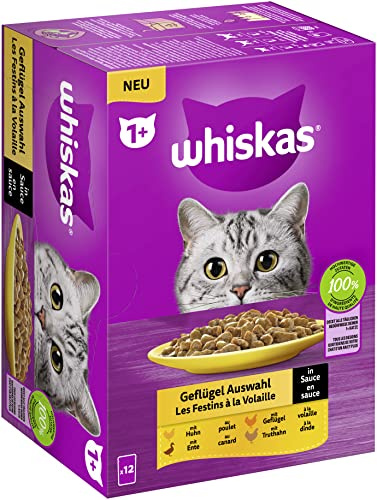 Whiskas 1+ Comida para Gatos en Salsa, 12 x 85 g (1 Paquete) – Comida húmeda Gatos Adultos en 12 Bolsas de porciones
