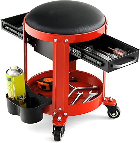 COSTWAY Werkstatthocker, 150 kg belastbar, Werkstattsitz mit 2 Schubladen & Dosenhaltern & Ablage & abnehmbarem Sitz, Arbeitshocker mit Rollen, Garagenhocker Montagehocker Rollhocker, Rot