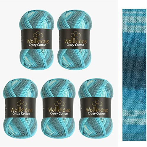 Wollbiene Crazy Cotton Batik Lot de 5 pelotes de 100 g chacune 500 g avec dégradé de couleurs 55% coton Multicolore Laine pour tricot et crochet (5200 bleu pétrole, turquoise, blanc)