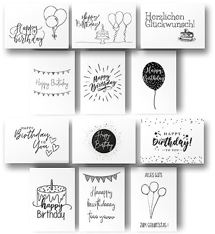 Freyheit | 12x Stilvolle Geburtstagskarten (Format A6) | Schwarz-Weiße Geburtstagskarten mit hochwertigem Kraft Umschlag