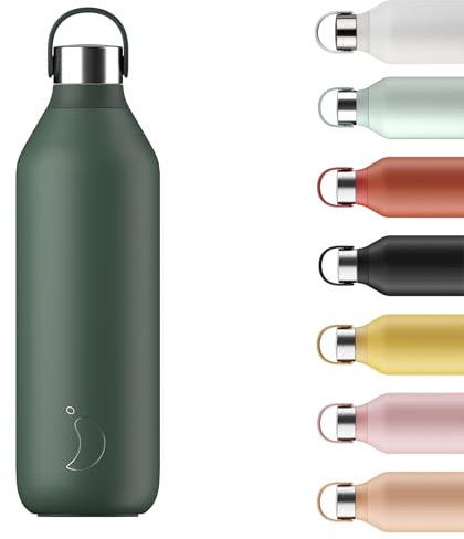 Chilly's Series 2 Stainless Steel Water Bottle - Pine Green, 1000ml | Vacuum Insulated, Soft Collar, Carry Loop, Thermal Flask, Hot & Cold Drinks, Leak Proof, No Sweat