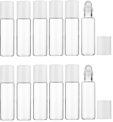 FSSTUD 12 Stück klare Glasflaschen mit Roller, leere Flaschen zum Aufrollen, nachfüllbar, Fläschchen für ätherische Öle, Kosmetikproben, Aufbewahrungsbehälter mit Rollerball, 5 ml