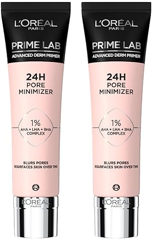 L'Oréal Paris Prime Lab Primer Poren-Minimizer, 24 Stunden, Make-up-Basis für gleichmäßige, cremige und rosafarbene Haut, 2 Flaschen à 30 ml