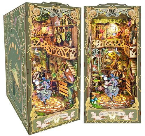 Spilay Book Nook Kit - Miniatur Puppenhaus mit LED-Beleuchtung & Staubschutz, 3D Holzmodell für Bücherregal-Dekoration, Kreatives Bastelset für Erwachsene - Grünes Feenland - SQ15