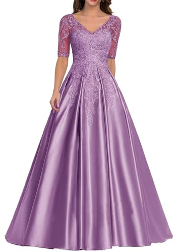 Kleid für die Brautmutter mit Spitzenapplikation Formales Abendkleid aus Satin mit V-Ausschnitt Langes A-Linie Ballkleid