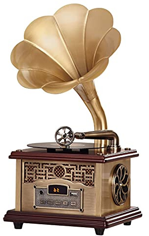 VejiA Retro Classic Gramophone Phonograph Shape Stereo Speaker,Turntable Record Player Bluetooth 4.2 Aux-in/USB Flash Drive for Home Decoration