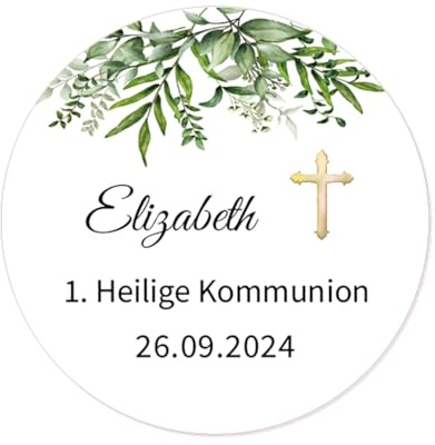 50x STICKER Erstkommunion PERSONALISIERT 1. Heilige Kommunion Aufkleber zur Kommunion Taufe Konfirmation Geburtstag Gastgeschenke Tüten Etiketten - Taube Kreuz und Blume - Rd 652 (004)