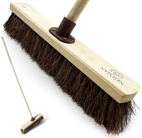 Newman and Cole 18'' Garden Broom Outdoor with Durable Support Bracket Yard Brush Heavy Duty 120 cm Wooden Handle Natural Stiff Bassine Hard Bristle Broom Sweeping Brush