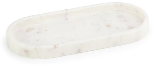 EHC Natural Marble Bathroom Vanity Tray - Oval, White, 25 x 11.5 x 2 cm - Countertop Sink Storage Tray Organiser for Cosmetic, Perfume, Home Decor